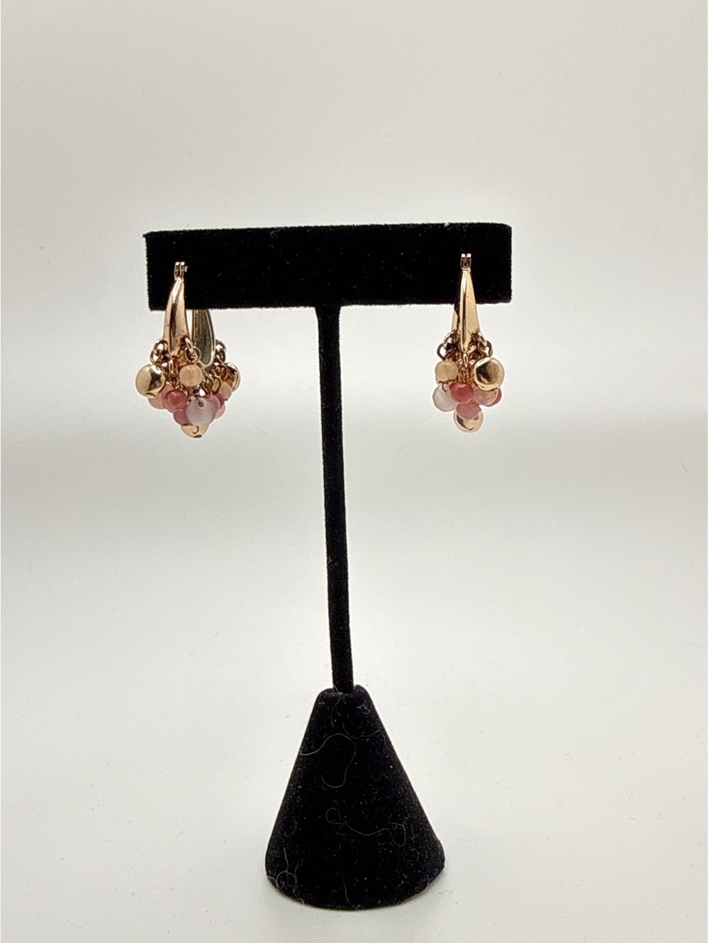 Pink Cluster Hoop Earrings Gold Tone Glass Bead Dangle Romantic Boho - Picture 1 of 3